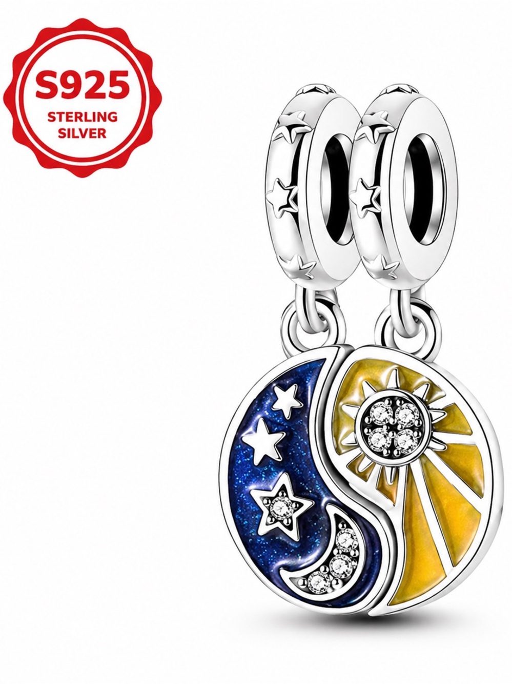 🌞🌙 925 Sun Moon Yin Yang Dangle Charm Sterling Silver Celestial Stars CZ